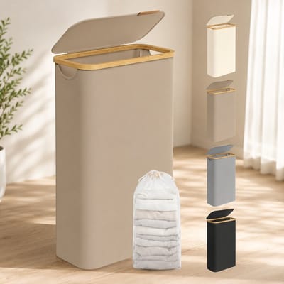 Nazik Living Slanke wasmand 65L met deksel - Ruimtebesparend - Uitneembare voering - Oxford stof - Bamboe handgrepen - Opvouwbaar - 42 x 22,5 x 70,5 cm - Kameelbruin