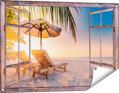 Gards Tuinposter Doorkijk Tropisch Strand tijdens Zonsondergang - 90x60 cm - Tuindoek - Tuindecoratie - Wanddecoratie buiten - Tuinschilderij