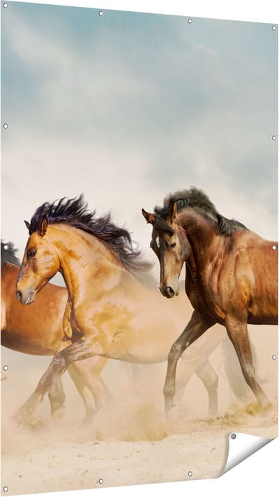 Gards Tuinposter Drie Bruine Paarden - 120x180 cm - Tuindoek - Tuindecoratie - Wanddecoratie buiten - Tuinschilderij