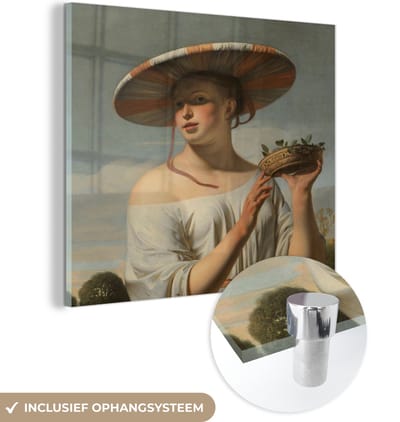 MuchoWow® Glasschilderij 50x50 cm - Schilderij acrylglas - Meisje met een brede hoed - Schilderij van Caesar Boëtius van Everdingen - Foto op glas - Schilderijen