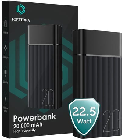 Forterra Powerbank 20000 mAh 3 Apparaten Tegelijk Opladen – Powerbanks Quick Charge 22.5W Universeel Snellader Noodpakket - Zwart