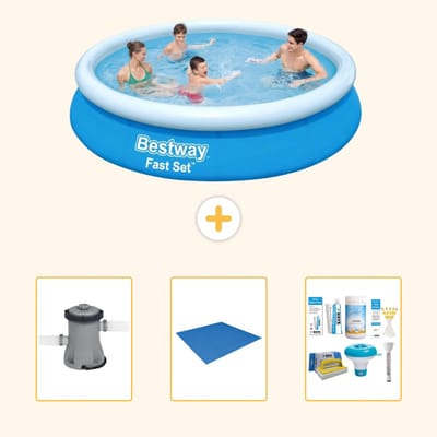 Bestway Rond Opblaasbaar Fast Set Zwembad - 366 x 76 cm - Blauw - Inclusief Pomp - Grondzeil - Onderhoudspakket - 4-delig