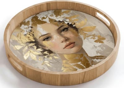 Dienblad rond 40x40 cm - Schootdienblad hout - Gezicht - Vrouw - Bladeren - Goud - Borrelplank rechthoek - Plateau houten dienbladen