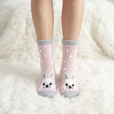 Fluffy Sokken Dames - huissokken - grijs - roze - leuke print konijn - gestipt - 36 - 40 - cadeau voor haar - geschenk vrouwen - Kerst cadeau - verjaardagscadeau - extra zacht