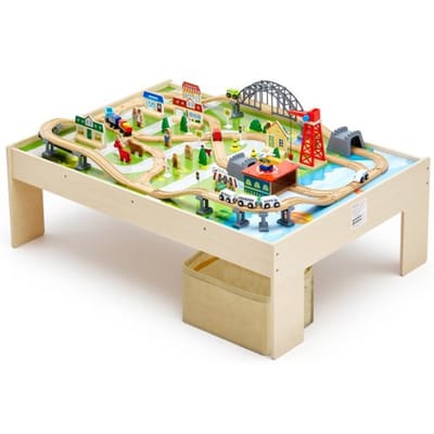VEVOR Houten Activiteitentafel, 120 Stukken, met Opvouwbare Opbergcontainer, 3-in-1 Treinset om mee te Spelen, Schilderen, Lezen, Eten, Creatieve Speelgoedset voor Kinderen vanaf 3 Jaar