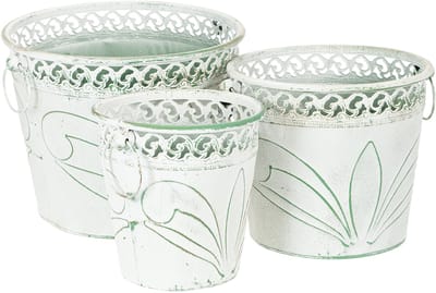 Bloempot van reliëfmetaal met handvatten, wit en groen, shabby chic st