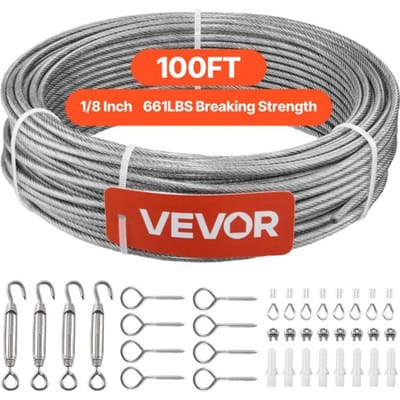 VEVOR roestvrijstalen staalkabel φ3,2 mm 30,5 m lengte, staalkabel gemaakt van roestvrij staal 304 met een breeksterkte van 2,94 kN, 7x7 strengs staaldraad, railingkabel voor terrasleuningen, tuinhekken.