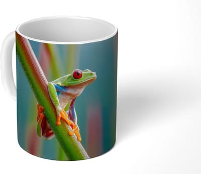 Mok - Koffiemok - Kleurrijke kikker - Groene stengel - Alert - Mokken - 350 ML - Beker - Koffiemokken - Theemok