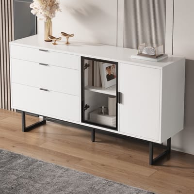 DESMIU Dressoir - Met Led Verlichte Vitrinekast En 3 Lades - Voor Eetkamer En Woonkamer - MDF En Spaanplaat - 160x36x78 Cm - Wit