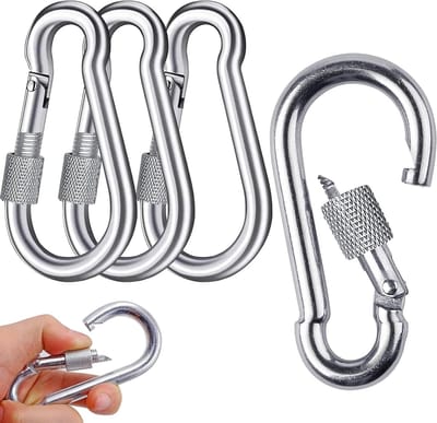 Set van 4 RVS Karabijnhaken met Veiligheidssluiting - 200 kg Draagvermogen voor Outdoor, Wandelen en Reizen (38 x 80 mm)
