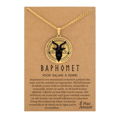 Baphomet Ketting op Cadeau Kaartje - Goudkleurig - Spirituele Talisman - Roestvrij Staal / Stainless Steel - Duivel Symbool - 60cm - Pax Amare