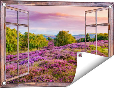 Gards Tuinposter Doorkijk Paarse Weide - 60x40 cm - Tuindoek - Tuindecoratie - Wanddecoratie buiten - Tuinschilderij