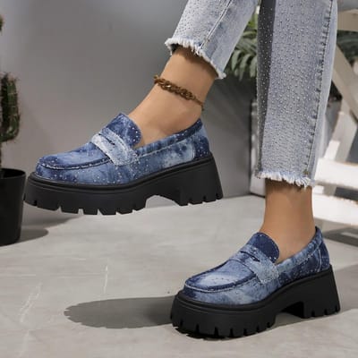 Rimocy Nieuwe Dames Chunky Hakken Loafers Mode Kristal Slip On Platform Schoenen Vrouw Gothic Dikke Zool Ondiepe Denim Pumps 40 donkerblauwe kleur