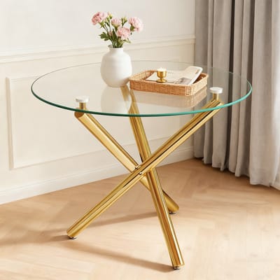 Pugsdrly Ronde eettafel met blad van gehard glas en goudkleurige poten, salontafel, moderne minimalistische eettafel, 80 × 80 × 76 cm