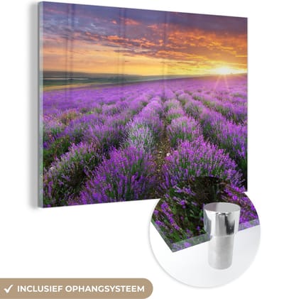 MuchoWow® Glasschilderij 40x30 cm - Schilderij acrylglas - Lavendel - Wolken - Lente - Foto op glas - Schilderijen