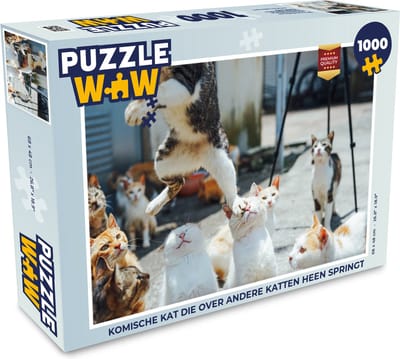 Puzzel Komische kat die over andere katten heen springt - Legpuzzel - Puzzel 1000 stukjes volwassenen