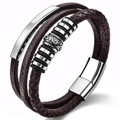 Victorious Bruin Leren Armband Heren – Bruin Leer en Roestvrij Staal – Bruin/Zilver – 22cm