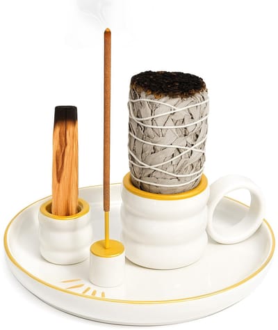Dailygoods- Wierookbrander met handvat - Keramische Wierookhouder - 4-in-1 Ontwerp - 5,9 Inch Asvanger - Zendecor voor Meditatie - Geschikt voor Salie en Palo Santo - Rookbrander