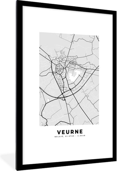 Fotolijst incl. Poster Zwart Wit- Zwart Wit – België – Plattegrond – Stadskaart – Kaart – Veurne - 80x120 cm - Posterlijst