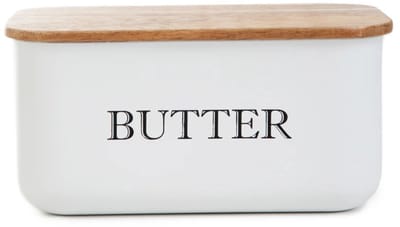 HOMLA - Avila Botervloot - Boterdoos - Moderne Boterschaal met Deksel - Butter Dish voor Koelkast & Tafel - Metaal en Acacia Hout - 15 x 10 x 7 cm - Wit & Hout