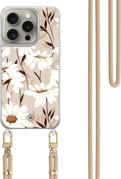 Casimoda® hoesje met beige koord - Geschikt voor iPhone 15 Pro - In Bloom - Afneembaar koord - TPU/polycarbonaat - Bruin/beige