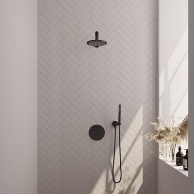 Brauer Black Edition thermostatische inbouw regendouche 3-weg rond SET 73 met 20 cm douchekop en rechte muurarm en staaf handdouche en doucheslang en wandaansluitbocht mat zwart