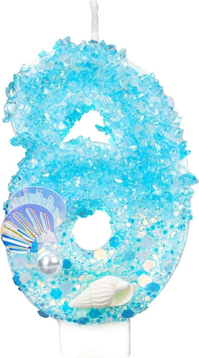 Verjaardagskaarsfiguur, blauwe en witte glitterpailletten, schelpparel, verjaardagskaars met nummer, taarttopper voor feestbenodigdheden met oceaan- en strandthema (6)