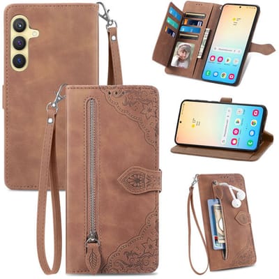 YPCd Portemonnee Bookcase Hoesje Geschikt voor Samsung Galaxy S24 Plus – PU Leren Wallet Flip Cover met Ritssluiting – Pasjesvakken & Polsbandje – Standfunctie – Bloemen – Bruin