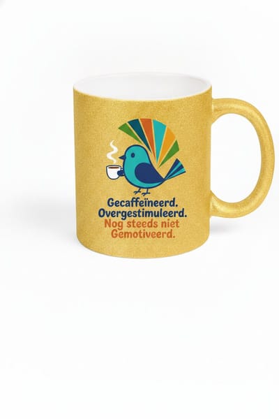 Grappige Koffiemok met Tekst 'Gecaffeïneerd, Overgestimuleerd, Nog Steeds Niet Gemotiveerd' – Retro Vogel met Waaierstaart – Glitter Mok Goud – Cadeau Collega – Keramiek 330 ml