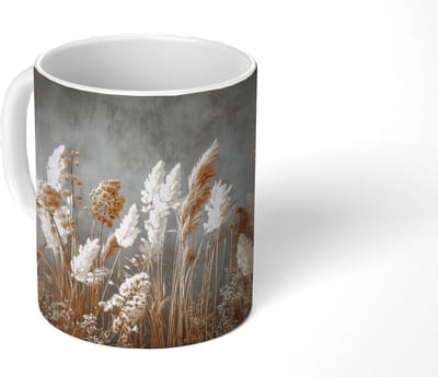 Mok - Koffiemok - Gedroogde Veldbloemen - Grijs - Beton print - Mokken - 350 ML - Beker - Koffiemokken - Theemok