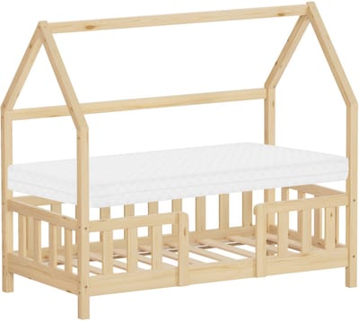 Kinderbed huisbed 70x140 cm natuurlijk grenen incl. matras H-10cm uitvalbeschermend dak en lattenbodem ML-Design