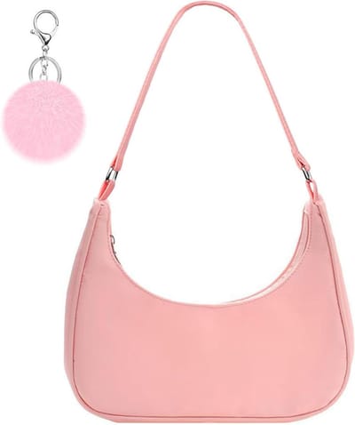 Nylon schoudertas met pomponsleutelhanger en ritssluiting in roze - ideaal cadeau voor dames - Y2K-stijl - 27*23*7 cm