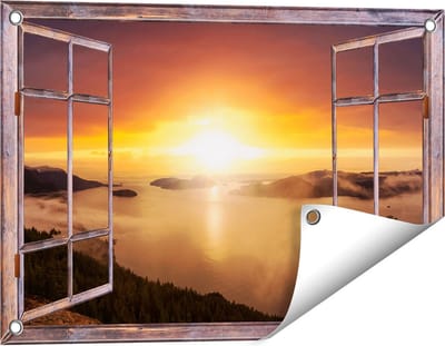 Gards Tuinposter Doorkijk Zonsondergang in de Bergen met Wolken - 60x40 cm - Tuindoek - Tuindecoratie - Wanddecoratie buiten - Tuinschilderij