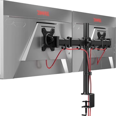 Dubbele Monitor Beugel Zwart Staal Verstelbare Hoogte Arm 13-27 inch LED LCD Schermen VESA 75 100 plaat Beeldscherm Standaard Kantelt -90°/+35° Zwenkt 180° Draait 360°
