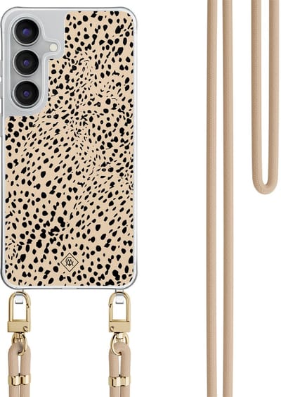 Casimoda® hoesje met beige koord - Geschikt voor Samsung S25 FE - Stippen bruin abstract - Afneembaar koord - TPU/polycarbonaat - Bruin/beige