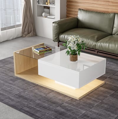 DESMIU Salontafel - Hoogglans Wit Met Houttint En Glazen Bovenblad - Modern Voor Woonkamer En Interieur - Spaanplaat - 105x55x32,5 Cm - Naturel