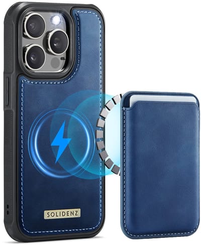 Solidenz Hoesje geschikt voor iPhone 15 Pro Max - Luxe Wallet met Magnetische Pasjeshouder - Compatibel met MagSafe - Schokbestendig - Blauw