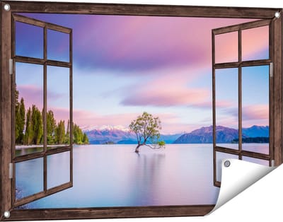 Gards Tuinposter Doorkijk Wanaka Boom in het Water bij Zonsopgang - 90x60 cm - Tuindoek - Tuindecoratie - Wanddecoratie buiten - Tuinschilderij