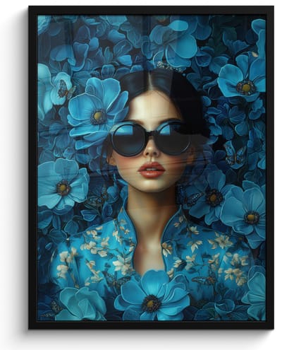 Poster in lijst - Fotolijst 50x70 cm - Posters - Vrouw - Bloemen - Blauw - Aesthetic - Luxe - Posterlijst zwart - Decoratie - Wanddecoratie woonkamer - Muurdecoratie slaapkamer
