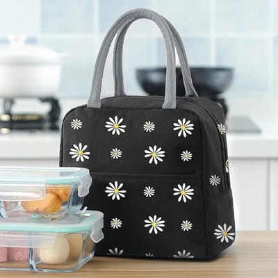 Sacs à déjeuner pour étudiants Sac à bento portable Marguerite japonaise pour employés de bureau Sac isotherme Sac à déjeuner à isolation froide Sacs à main de pique-nique noir