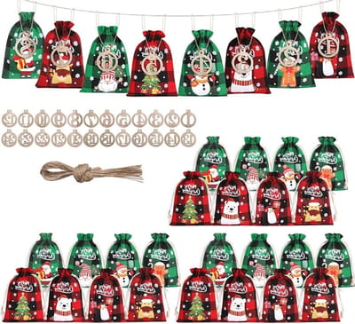 Kersttassen set van 24 met houten labels, jute zakken met trekkoord, adventskalender, snoepzakken en cadeauverpakking