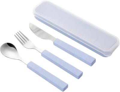 Kinderen Bestekset van RVS 18/10 - 2-delige Set met Lepel en Vork - Inclusief Reiszak voor Kinderen (Blauw)
