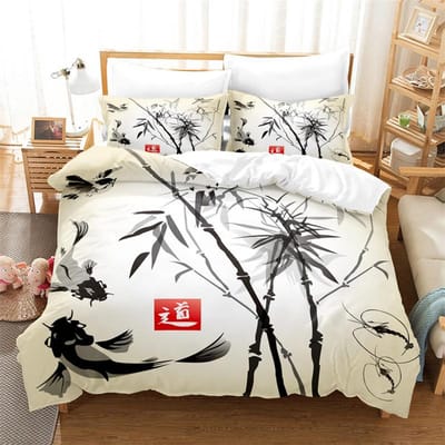 Bamboe Schilderij Dekbedovertrek Set Chinese Stijl Beddengoed Set Jeugd Linnen Queen Size Bed Dekbedovertrek Set Mode Beddengoed Set US King(264x228cm)