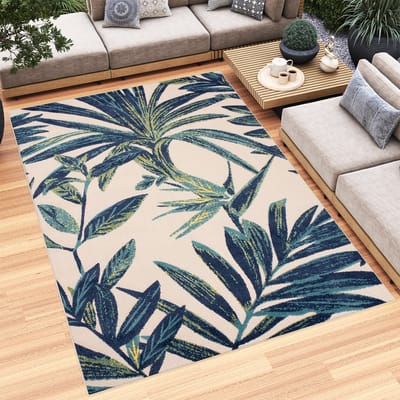 Tapiso Patio Indoor Tapijt Beige Blauw Tuintapijt Buitenkleed Planten Maat- 160x220