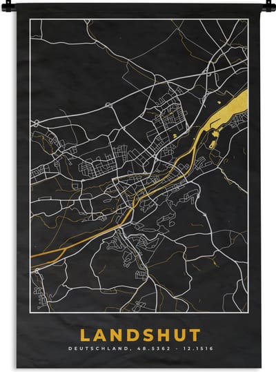 Wandkleed - Wanddoek - Black and Gold – Stadskaart – Landshut – Duitsland – Plattegrond – Kaart - 120x180 cm - Wandtapijt