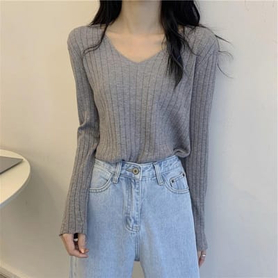 Casual Tops voor Dames Effen Kleur Lange Mouw T-shirts Gebreide Trui Dames Diepe V-hals Blouses Slim Fit Brei Pullover Truien One size