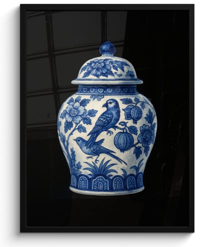 Poster in lijst - Fotolijst 50x70 cm - Posters - Pot - Delfts Blauw - Bloemen - Posterlijst zwart - Decoratie - Wanddecoratie woonkamer - Muurdecoratie slaapkamer