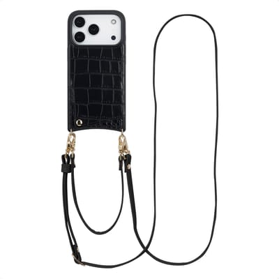 Selencia Hoesje - Geschikt voor Apple iPhone 17 Pro - Croco Backcover met koord en pashouder - Zwart