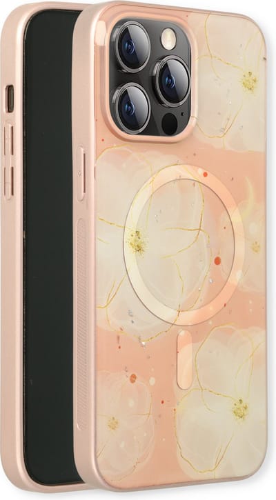 Casemania Hoesje Geschikt voor Apple iPhone 15 Pro - Roze - Siliconen Marmer Back Cover - Geschikt voor MagSafe