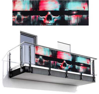 Balkonscherm 300x100 cm - Balkonposter Schedels - Glitch - Cyberpunk - Balkon scherm decoratie - Balkonschermen - Balkondoek zonnescherm